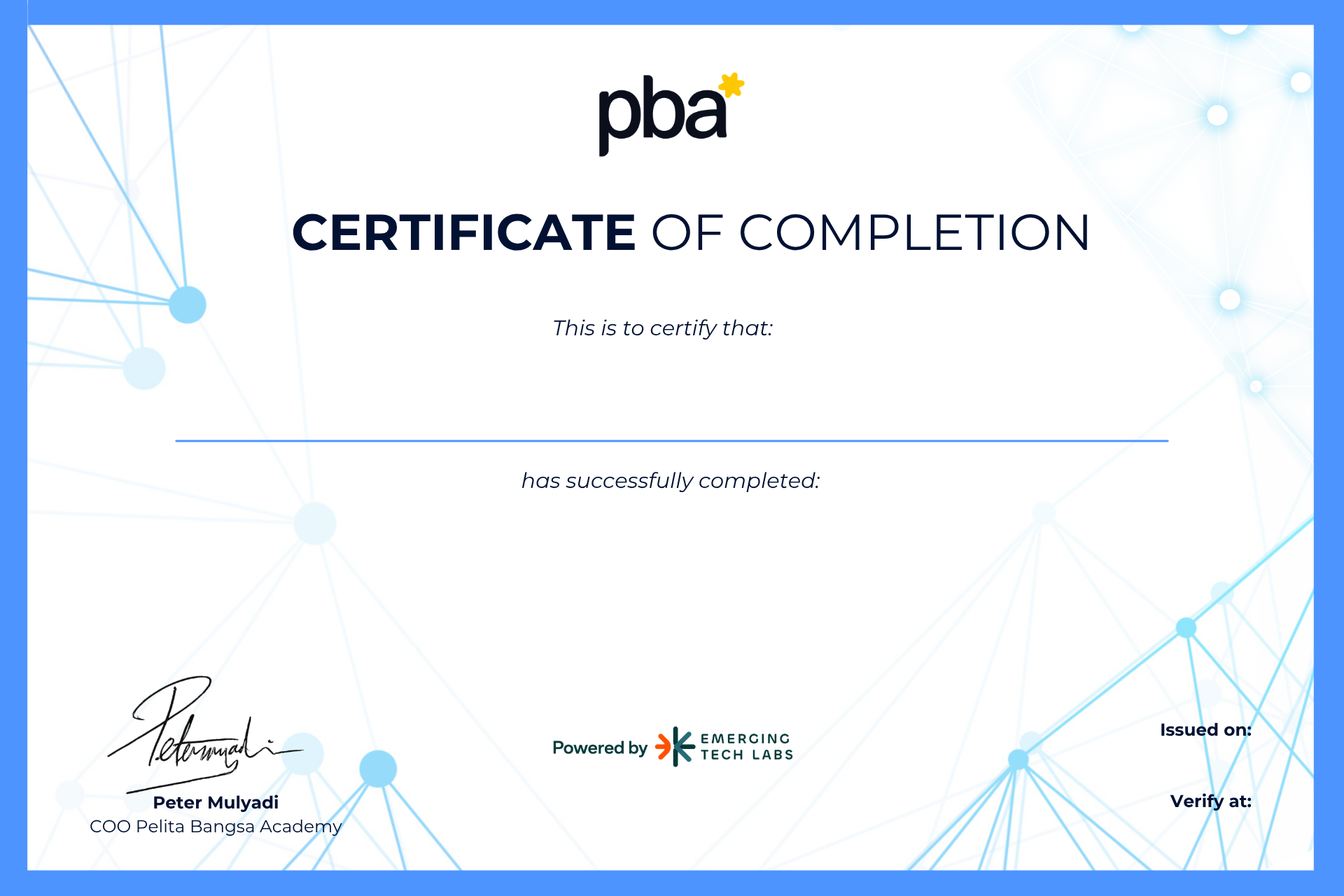 Contoh sertifikat Certified Blockchain Developer PBA Labs. Nama dan tanggal yang ditampilkan adalah data fiktif.